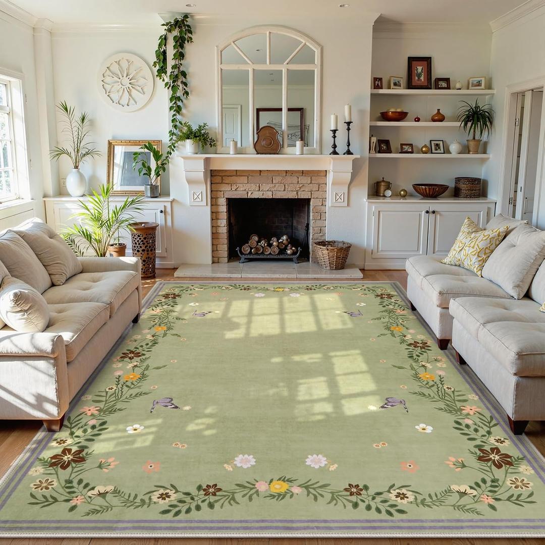 Beeiva Floral 8x10 Sage Green Area Rugs for Living Room, Non-Slip Machine Washable Area Rugs with Low Pile Border, Ultra-Thin Carpet for Bedroom Dining Room Office (Sage Green,8'x10')
