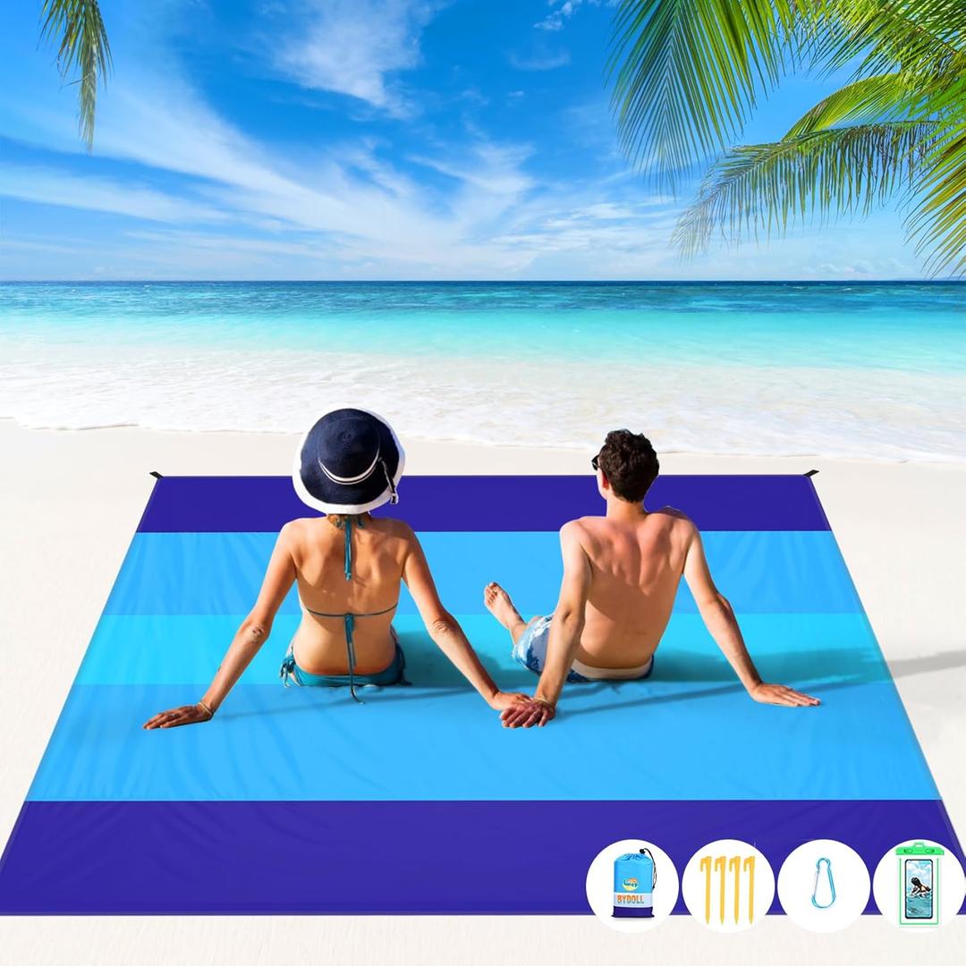 BYDOLL Beach Blanket Waterproof Sandproof Large Sand Free 78''X81''/10'X9' Big Lightweight Blanket Picnic Mat for Beach Travel Camping Hiking Picnic with Stakes (Blue5)