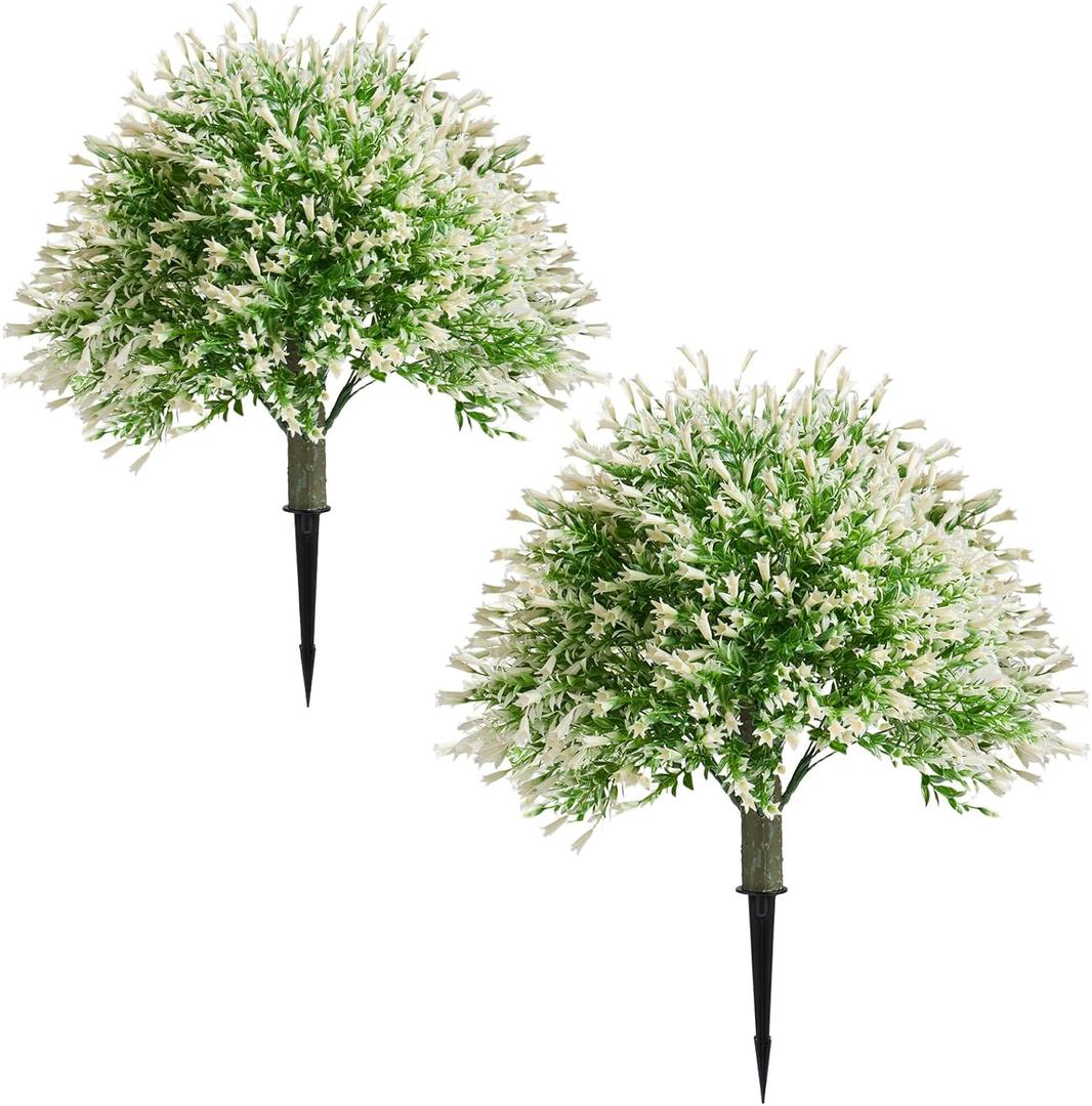 Artificial Campanula with White Bellflower Garden Accents, Set of 2, 22 Inches with Metal Stands, Faux Ornamental Grass Decor for Outdoor Lawn & Patio