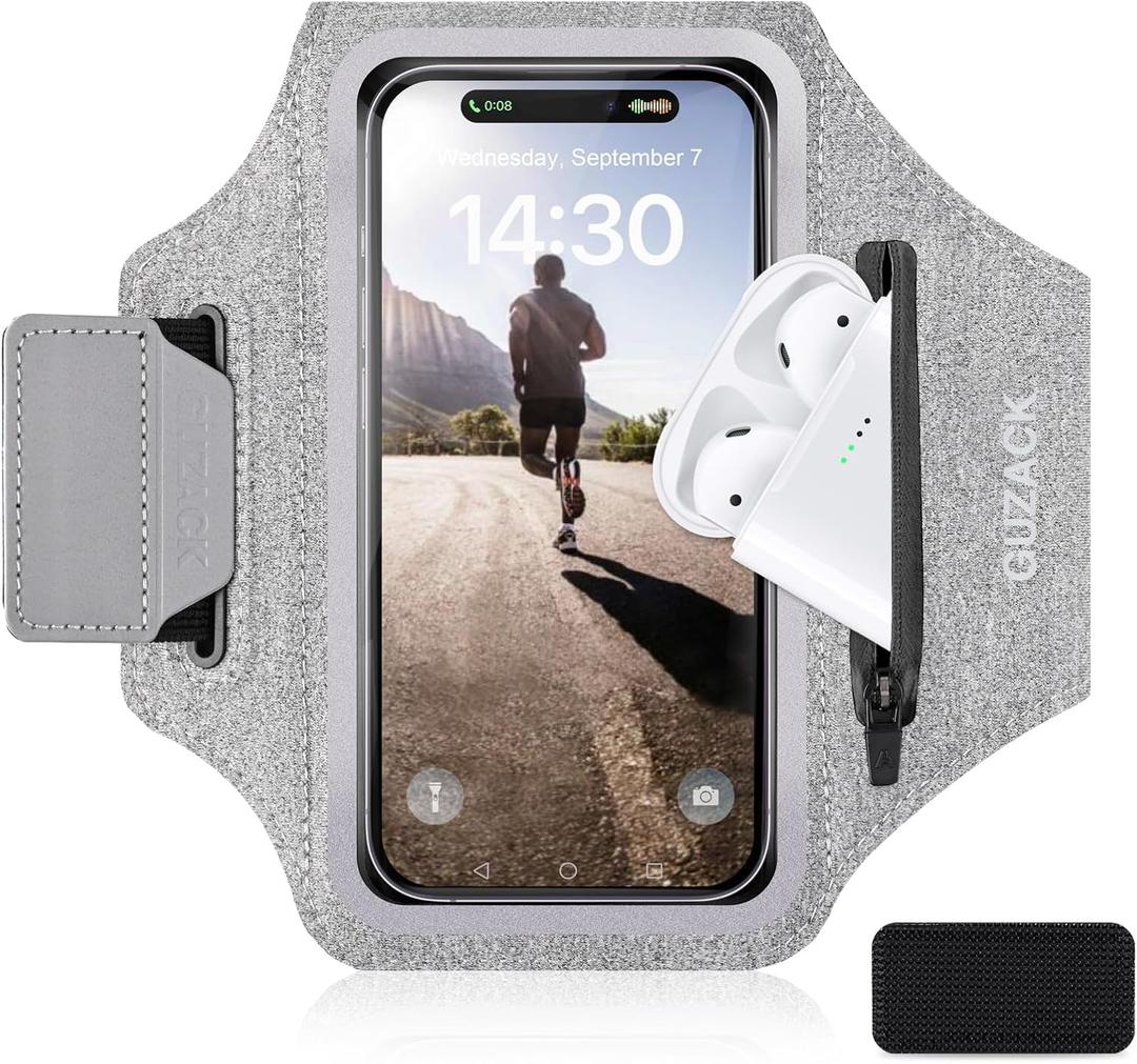 GUZACK Running Armband Case for iPhone 16/15/14/13/12/11 Pro Max, Galaxy S25/S24/S23/S22, Universal Cell Phone Arm Holder with Key Pocket & Card Slot, Gray (Gray (Up to 6.9"))