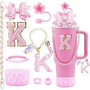 9PCS Bling Stanley Cup Accessories for 30oz & 40oz Tumbler with handle,Including Initials Charms,Leather Handle Strap,Straw Bow Decorate,Straw Topper,Boot,Spill Proof Stoppers,Sticker(pink K)
