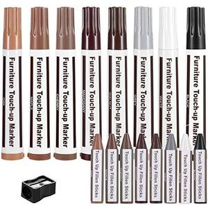 Furniture Markers,17PCS Wood Repair Markers Touch Up Filler Wax Sticks with Sharpener Kit for Floors, Tables, Door, Stairs, Wooden Furniture Stains Scratch Cover Crayon Color Restore Pen Set