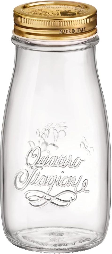 Bormioli Rocco Quattro Stagioni, Glass Canning Jar and Drinking Bottle, 13.5 Oz. with Gold Metal Airtight Lid, Made in Italy