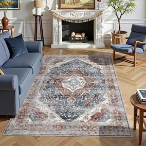 Rugs 5x7 Washable Rug, Non Slip Large Rug for Living Room Bedroom Dining Room, Low-Pile Kid & Pet Friendly Distressed 5x7 Carpet Print Floor (Border Brown/Navy Blue)