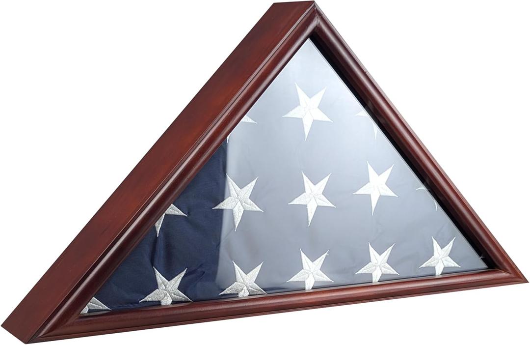 Burial Flag Display Case Fits 5'x9.5' Flag, Thin Bottom Edge Military Flag Box with Glass Front for American Veteran Flag, Wooden Memorial Folded Flag Case Shadow Box (Cherry)