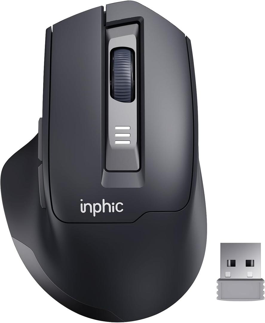 INPHIC Wireless Mouse Rechargeable, [Battery Level Visible], Silent Click USB 2.4G Cordless Mouse for Laptop PC Computer, 6 Buttons, 2400DPI 4 Adjustment Levels, Grey (Black)