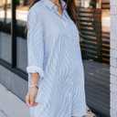 Aoudery Womens Button Down Shirt Dresses with Pockets Striped Cotton Shirts Collared Long Sleeve High Low Blouse Tops (Blue, M)