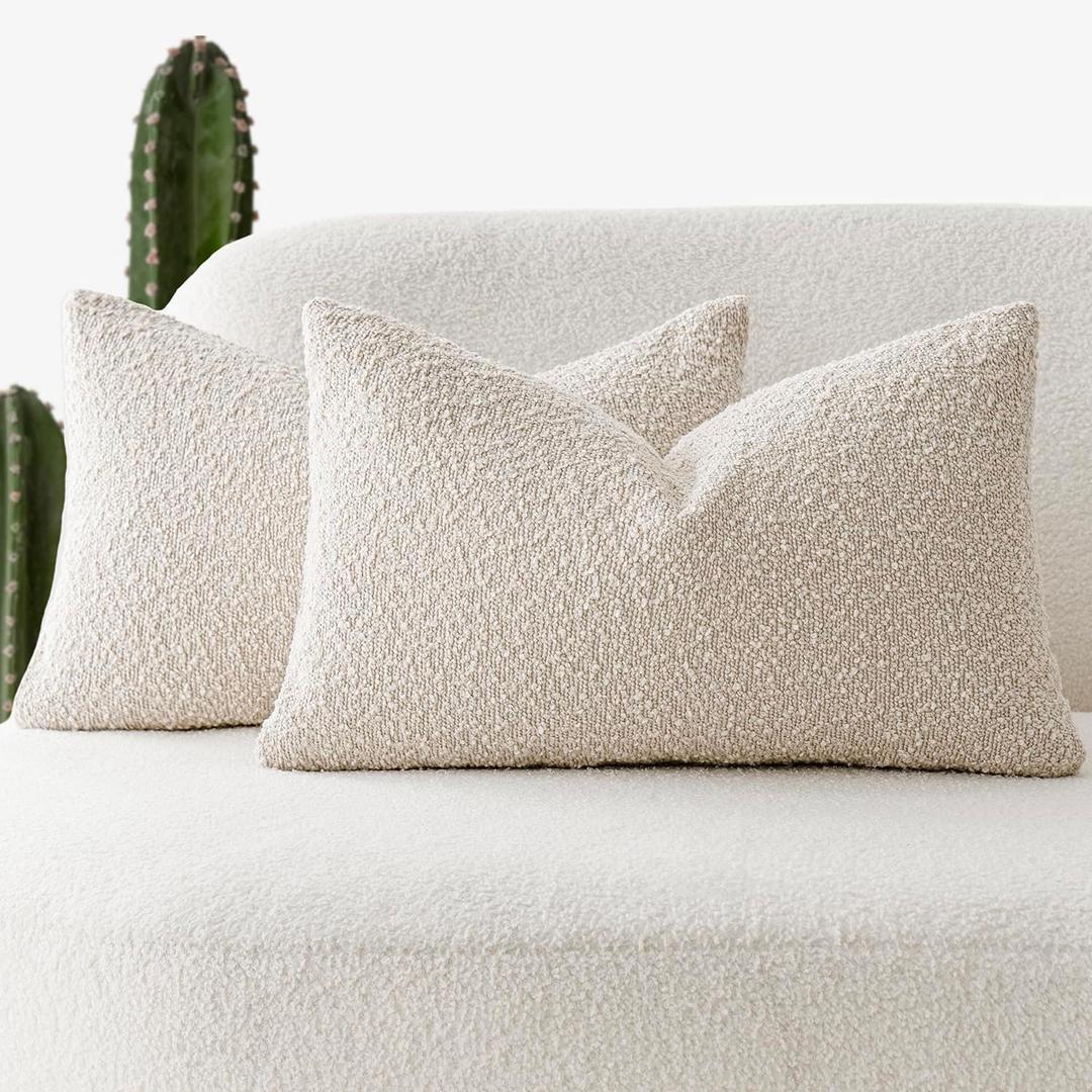 Foindtower Pack of 2 Textured Boucle Throw Pillow Covers Accent Solid Lumbar Pillow Cases Cozy Soft Decorative Couch Cushion Case for Chair Sofa Bedroom Living Room Home Decor, 12 x 20 Inch,Beige