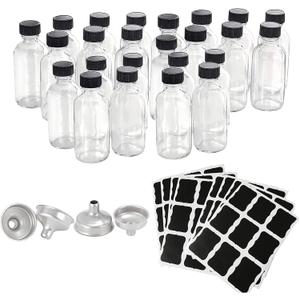 Z-synka 20PCS 2oz Glass Bottles with Caps, Small Glass Jars, Wellness Shot Container, Liquid Sample Bottles 60ml with Funnels, Labels, for Bourbon Whiskey, Essential Oils, Juice, NO Leakage