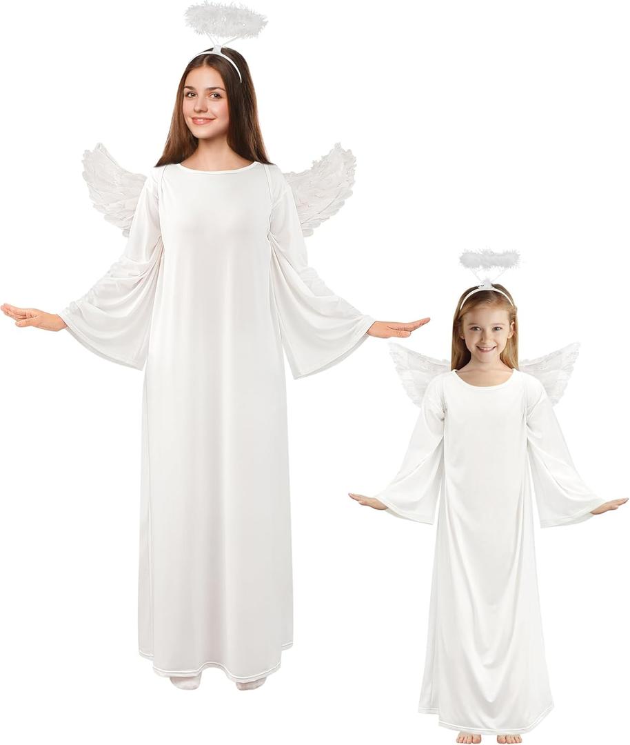 Toulite 2 Set Angel Costume for Woman Girls White Angel Gown with Headband White Wing Nativity Costume for Christmas, 2 Size, 110cm & 135cm