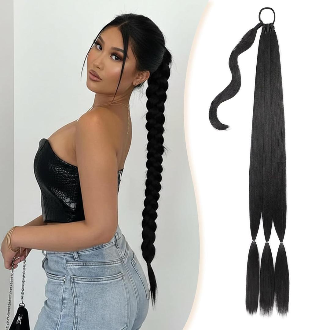 Long Braided Ponytail Extension with Hair Tie Wrap Around Straight Hair Extension Ponytail 34 Inches Natural Soft Synthetic Hairpiece for Women Daily Weddings Parties and Festivals Wear 150 Gram Black