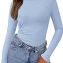 PRETTYGARDEN Womens Long Sleeve Shirts 2026 Ribbed Knit Slim Fitted Basic Tee Casual Going Out Tops Underscrubs Fall Clothing (Blue, S)