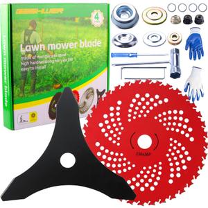 10"x 3 Teeth Carbon Steel Brush Cutter Weed Eater Blades & 9"x 36 Teeth Carbide Tipped Blades with Universal Adapter Kit Compatible with Brush Cutter, Trimmer, Weed Eater, Husqvarna Stihl Ego