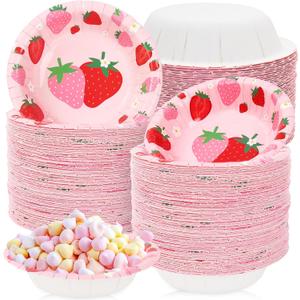Whaline 100Pcs Strawberry Paper Bowls Pink Red Strawberry Flower Disposable Serving Bowls Cute Ice Cream Bowl for Birthday Baby Shower Party Supplies