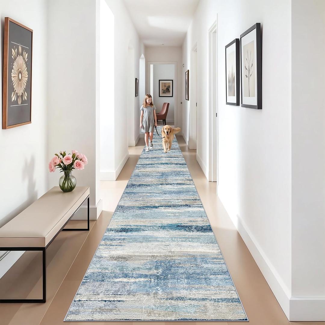 YOUFORTONG 3x25 Runner Rug Washable - Indoor Extra Long Hallway Rug with Non Slip Backing Low Pile Satin Resistant Carpet for Kitchen Entryway Living Room Home Decor Thin Mat for Stair 3X25 Blue