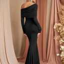 GLNEGE Off The Shoulder Fall Wedding Guest Formal Dress Long Sleeve Ruched Bodycon Maxi Cocktail Party Dresses for Women (Black, S)