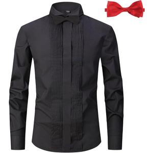 Men's Tuxedo Dress Shirt Wing Collar Front Pleat French Cuffs with 2 Bow Ties Button Down Shirts (Black, L)