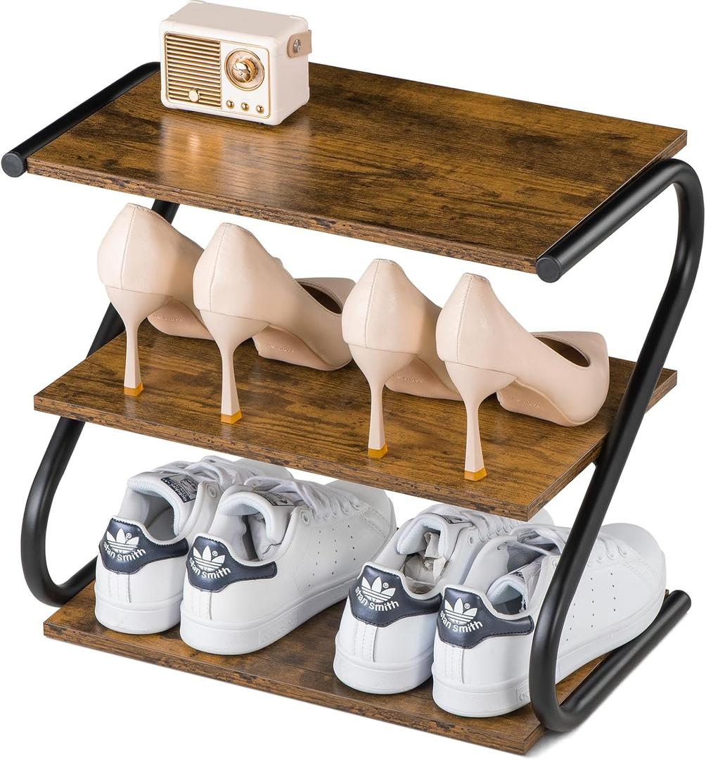 Small Shoe Rack for Entryway Closet, S-Shaped Wooden Shoe Shelf | Narrow Shoe Storage Organizer, 3-Tier, 17” Wide, Rustic Metal Wood Shelves, Shoerack for Front Door Entrance Hallway Bedroom