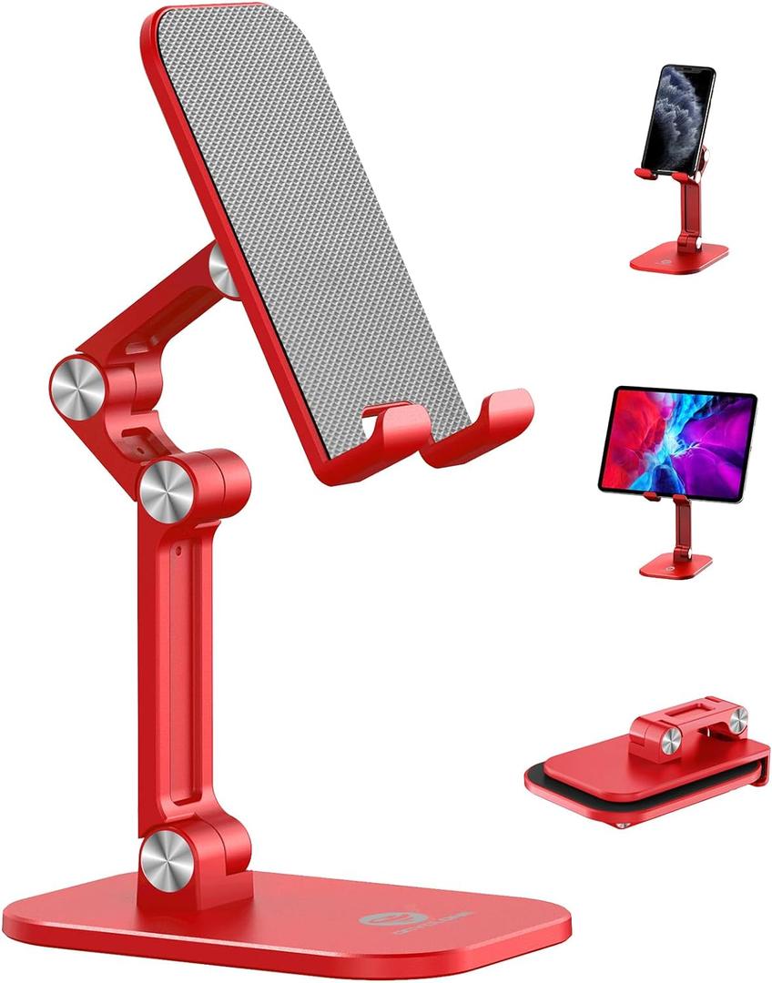 OCYCLONE Phone Stand, Adjustable Height and Angle Cell Phone Stand for Desk Foldable Holder, Taller iPhone Stand Compatible 4-11 Inch All Mobile Phone/iPad/Tablet - Red