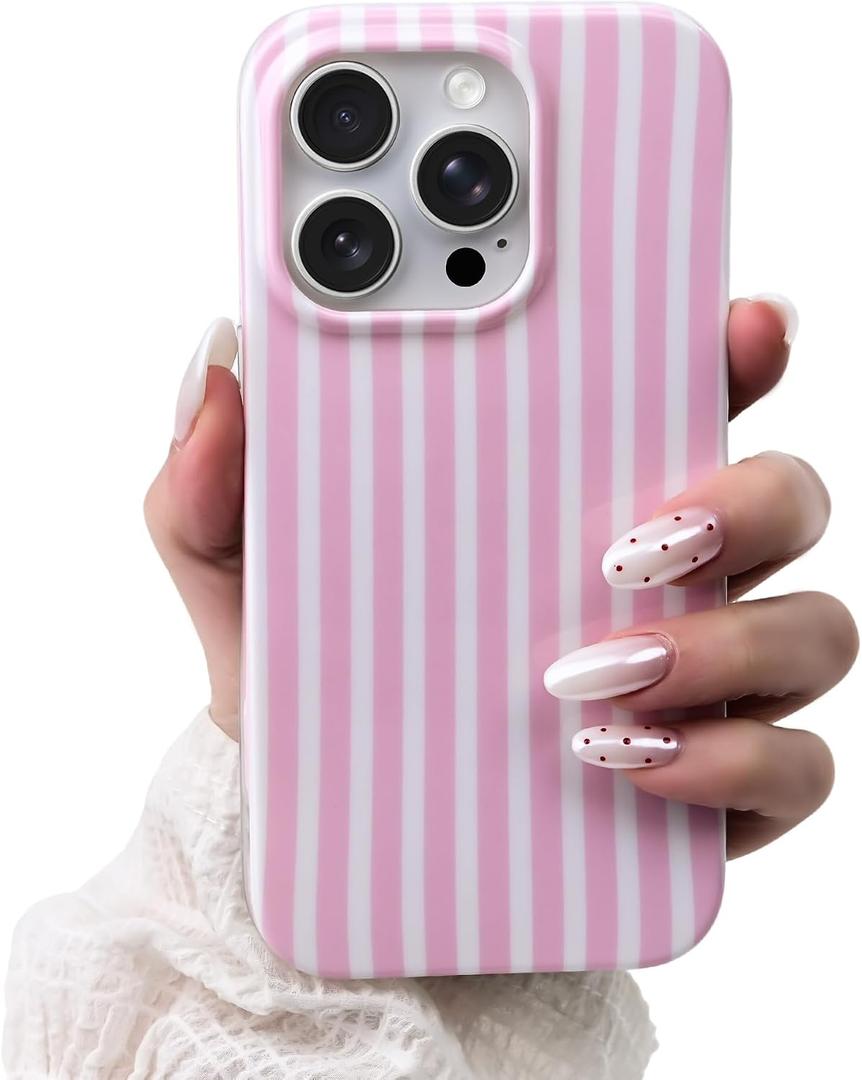 SleekCover Compatible with iPhone 15 Pro Case, Cute Aesthetic Striped Pattern Cover for Women Girls, Soft TPU Shockproof Protective Stylish Kawaii Phone Case for iPhone 15 Pro 6.1", Pink