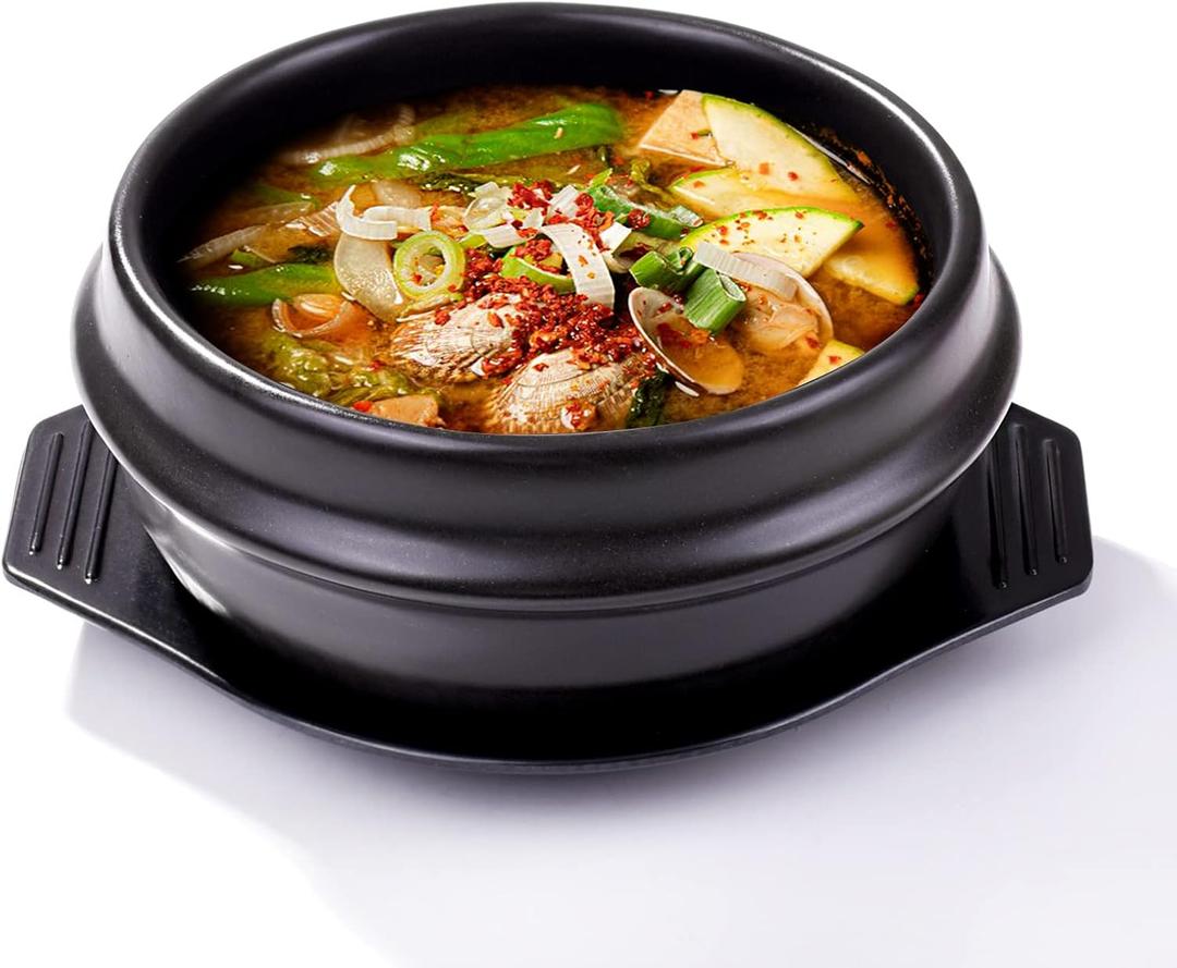Korean Stone Bowl with Tray - Premium Ceramic Stone Hot Pot for Bibimbap Soup, Stews, and Rice - 37.1 oz Capacity - Dishwasher, Microwave, Oven, and Stovetop Safe (dh)