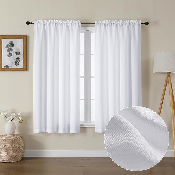 Lecloud Bessie White Curtains 54 Inch Length 2 Panels Set, Faux Linen Semi Sheer Curtains Drapes, Elegant Window Treatments for Bedroom Decor with Rod Pocket, Each 30 W x 54 L