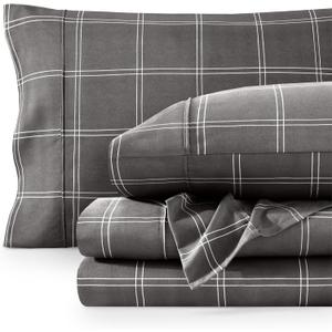 Bare Home Split King Sheet Set - 1800 Ultra-Soft Microfiber Bed Sheets - Double Brushed - Deep Pockets - Easy Fit - 5 Piece Set - Bed Sheets (Split King, Modern Plaid - Grey/White)