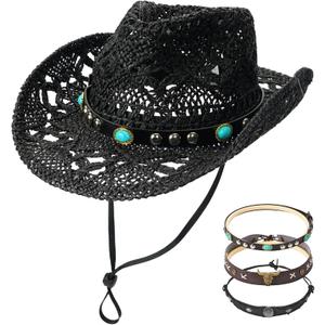 Urradia Black Straw Cowboy Hat Womens Cowboy Hats Western Cowgirl Hats for Men with Decorative Bands & Plastic Hat Shaper Insert Wide Brim Vintage Men Woven Sun Hat for Travel Beach Festival Party