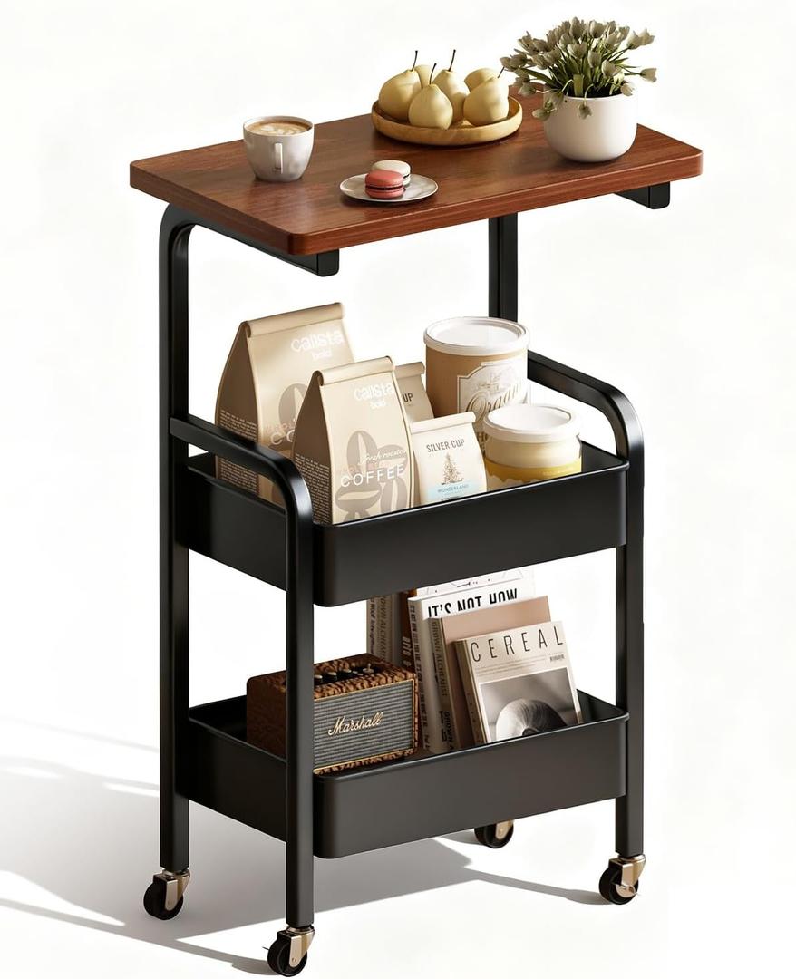 3 Tier Metal Rolling Utility Cart Organizer with Walnut Table Top, Stable and Sturdy Rolling Storage Carts with 2 Lockable Wheels for KitchenBathroomSnacksCoffeeCraftMakeupBaby Essentials (Black)