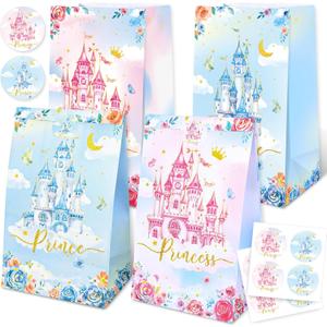 Whaline 24Pcs Princess Prince Party Favor Bags with Stickers Princess Castle Party Decoration Pink Blue Castle Treat Bags Candy Goodie Bag for Wedding Birthday Baby Shower Gender Reveal Supplies