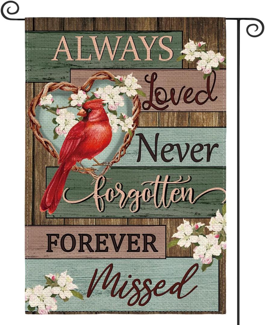 AVOIN colorlife Cardinal Memorial Garden Flag 12x18 Inch Double Sided Outside, Always Loved Never Forgotten Memorial Day Gravesite Saying Yard Outdoor Decoration