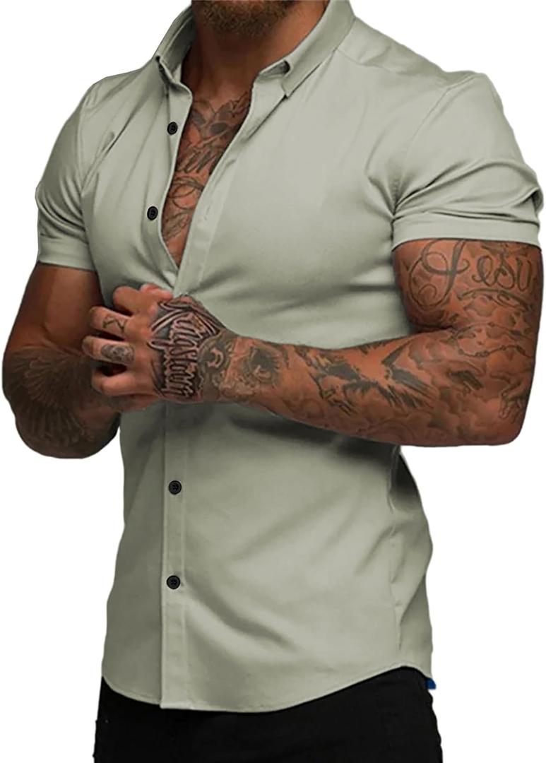 JMIERR Men's Muscle Fit High Stretch Wrinkle-Free Button Down Dress Shirts Summer Casual Short Sleeve Shirt (Green, M)
