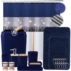24PCS Bathroom Sets with Shower Curtain and Rugs, Navy Blue Bathroom Accessories Set Navy Blue Shower Curtain Set Bathroom Accessories with Bathroom Trash Can