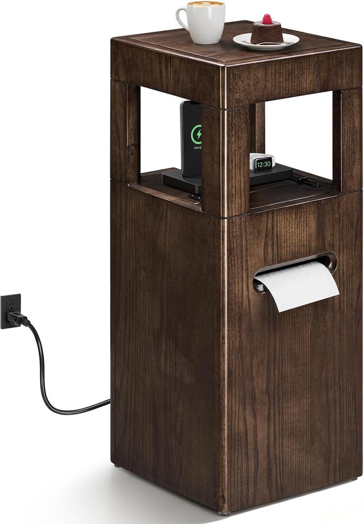 Modern Square End Table with Charging Station for Living Room, 11.5 x 11.5 x 25.6, Mini Accent Side Table for Small Space, Simple Nightstand for Bedroom (Walnut)