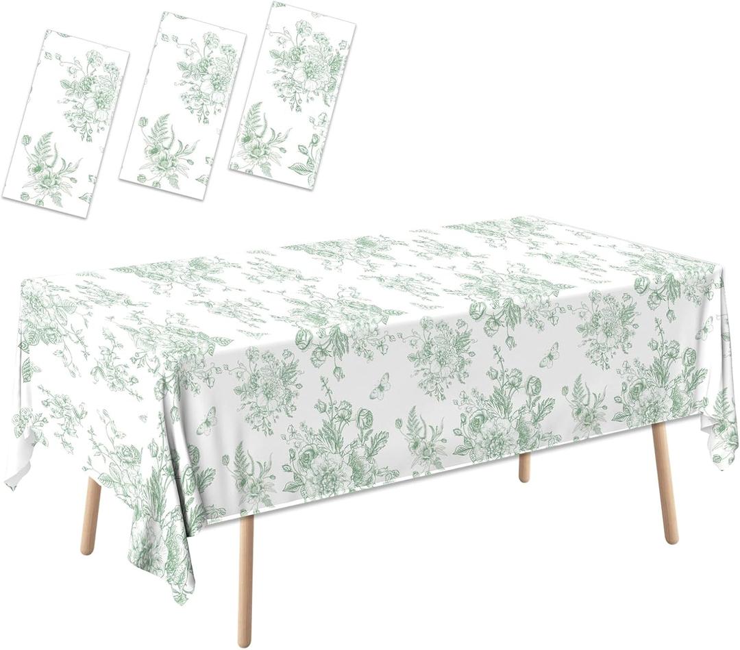 Green Floral Tablecloth, 54 x 108 Inch Vintage Sage Green Toile Tablecloth Floral Disposable Tablecloth sage green Flower Green Toile Table Cloth, Green Floral Table Cover for Wedding Bridal Tea Party