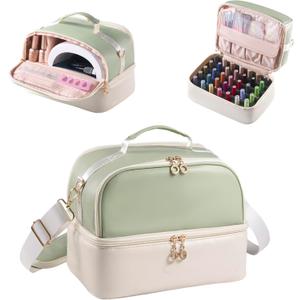 Nail Polish Organizer Holds 35 Bottles & Nail Lamp, Nail Organizers and Storage, Double Layer Nail Bag with Handle & Shoulder Strap for Travel, Nail Supplies Organizer for Manicure Kit (Green+Beige)