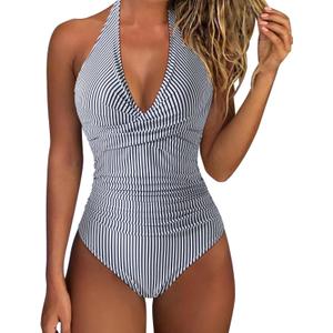 SUUKSESS Women Sexy Tummy Control One Piece Swimsuits Halter Push Up Bathing Suits (Medium, #1 Black Striped)
