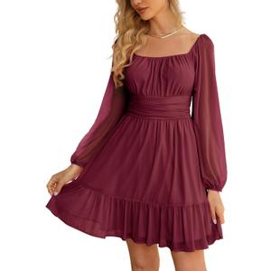 Wenrine Women's Mesh Long Sleeve Square Neck Dress High Waist A Line Ruffle Hem Flowy Casual Party Mini Dress (Red, M)