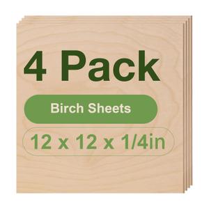 Rowood 4 Pack Birch Plywood 1/4,12x12x1/4inch,Birch Plywood 6mm Wood Sheets Thin Unfinished Wood for Laser Cutting and Engraving,DIY Adult Craft Project Kits for Ornaments, Models Drawing
