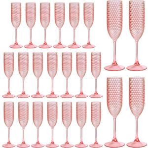 Pesonlook 24 Pack Plastic Champagne Glasses Pink Reusable Diamond Crystal Clear Wine Glasses Diamond Wine Cups Vintage Drinking Glasses for Wedding Reception, Grand Event Party Supplies