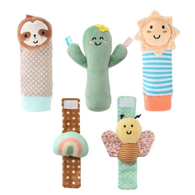 The Peanutshell Sock Rattles Set of 5 - Girl Boy Rattle Socks, Baby Toys 0-6-12 Month, Animal Newborn High Contrast Baby, Infant, Newborn Toys 0-3 0-6 Months Old Babies - Boho