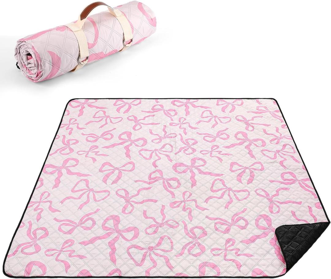 Pink Bow Picnic Blanket 80'' x 80'' Waterproof Extra Large Camping Blanket Coquette Picnic Mat Foldable Portable Preppy Outdoor Beach Mat with Carry Strap for Outdoor Grass Lawn Park