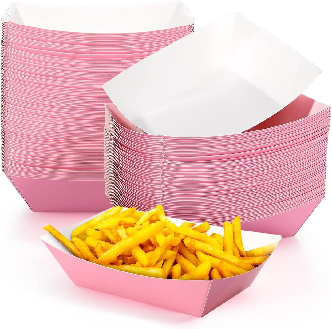 Yinkin 100 Pcs 2lb Paper Food Trays Boat 2lb Disposable Nacho Trays Kraft Paper Boat for Tacos Concession Easter Graduation Birthday Wedding Christmas Halloween Valentine Party Supplies(Pink)