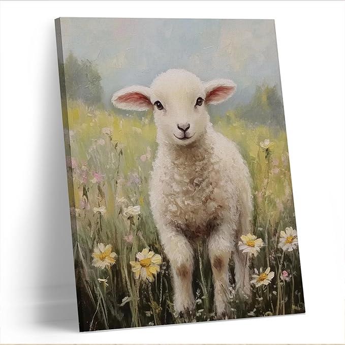 AEHIE Christian Wall Decor,Vintage Sheep Wall Decor, Easter Sheep Flower Framed Canvas Wall Art, Rustic Landscape Wall Decorations for Nursery Bedroom Home Office Decorations Decor 11x14in, Spring Sale ,