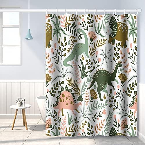 Umpoo Dinosaur Themed Bathroom Shower Curtain - Green Dino Tropical Leaves With Hooks, Waterproof Fabric Polyester for Kids Baby Bathtub Decorative, 48x72 Inch