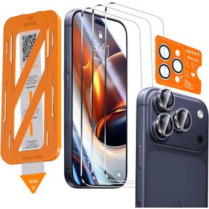 QHOHQ [1-Second Auto-Install] 3 Pack Screen Protector for iPhone 17 Pro [6.3 Inch] + 1 Set Camera Lens Protector, Shatterproof Tempered Glass, [Military Grade Protection], Anti-Finger, Case Friendly