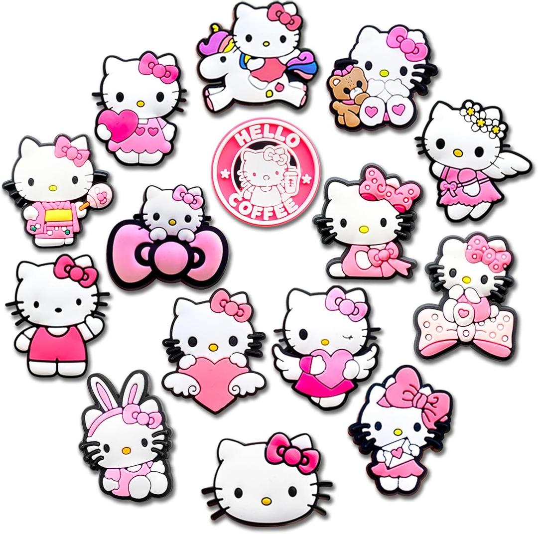 12 15Pcs Cute Charms for Croc Clog Shoes Decoration, Cats Charms Accessories for Shoe (Pink)