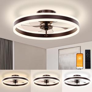 VOLISUN Low Profile Ceiling Fans with Lights and Remote, 19.7in Flush Mount Ceiling Fans with Light, 3000K-6500K Dimmable Fandelier LED Fan Light, Brown Bladeless Ceiling Fans with Lights for Bedroom