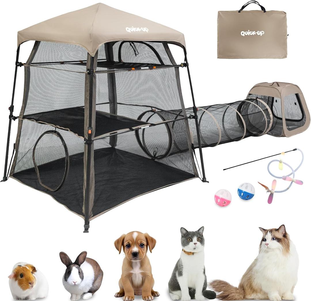 Cat Enclosure Kitten and Tower Tent for Indoor and Outdoor,3 Tier Cage Inside,Outdoor Catio,Portable and Foldable,Two Doors Design; Play Tunnel + Cube(with Three Ways) (Tan)