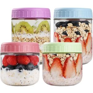 SHOWIN Overnight Oats Containers with Lids, Glass Jars with Lids 4 pcs, Candy, Wide Mouth Mason jars for Salad, Yogurt, Snacks, Meal Prep (10&16oz-4pc)